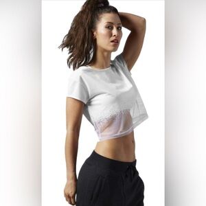 Reebok Studio Dance Mesh Coverup Women's White Short Sleeve Cropped Top T-Shirt